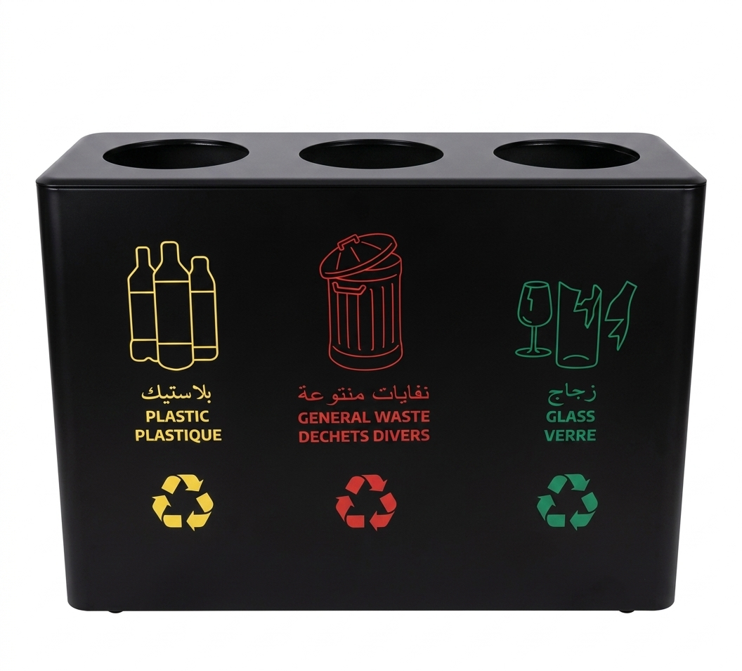 POUBELLE DE TRI SELECTIF NOIRE EN ACIER 90L - ANTI-ROUILLE