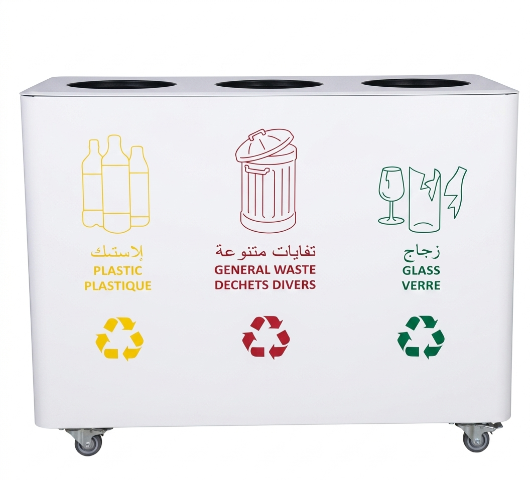 POUBELLE DE TRI SELECTIF BLANCHE EN ACIER 90L - ANTI-ROUILLE